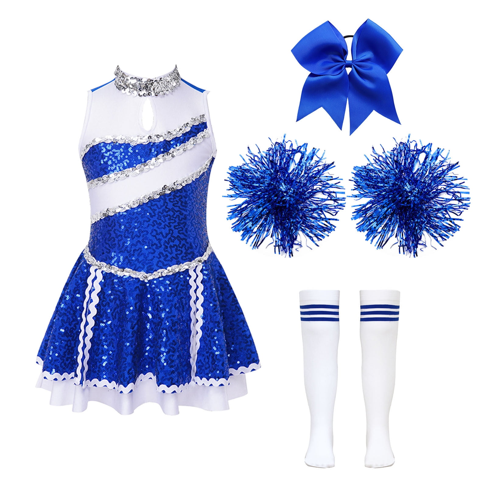 iiniim Girls Cheer Leader Sequins Cheerleading Dress with Pom Poms Headwear Socks for Halloween B Blue 10