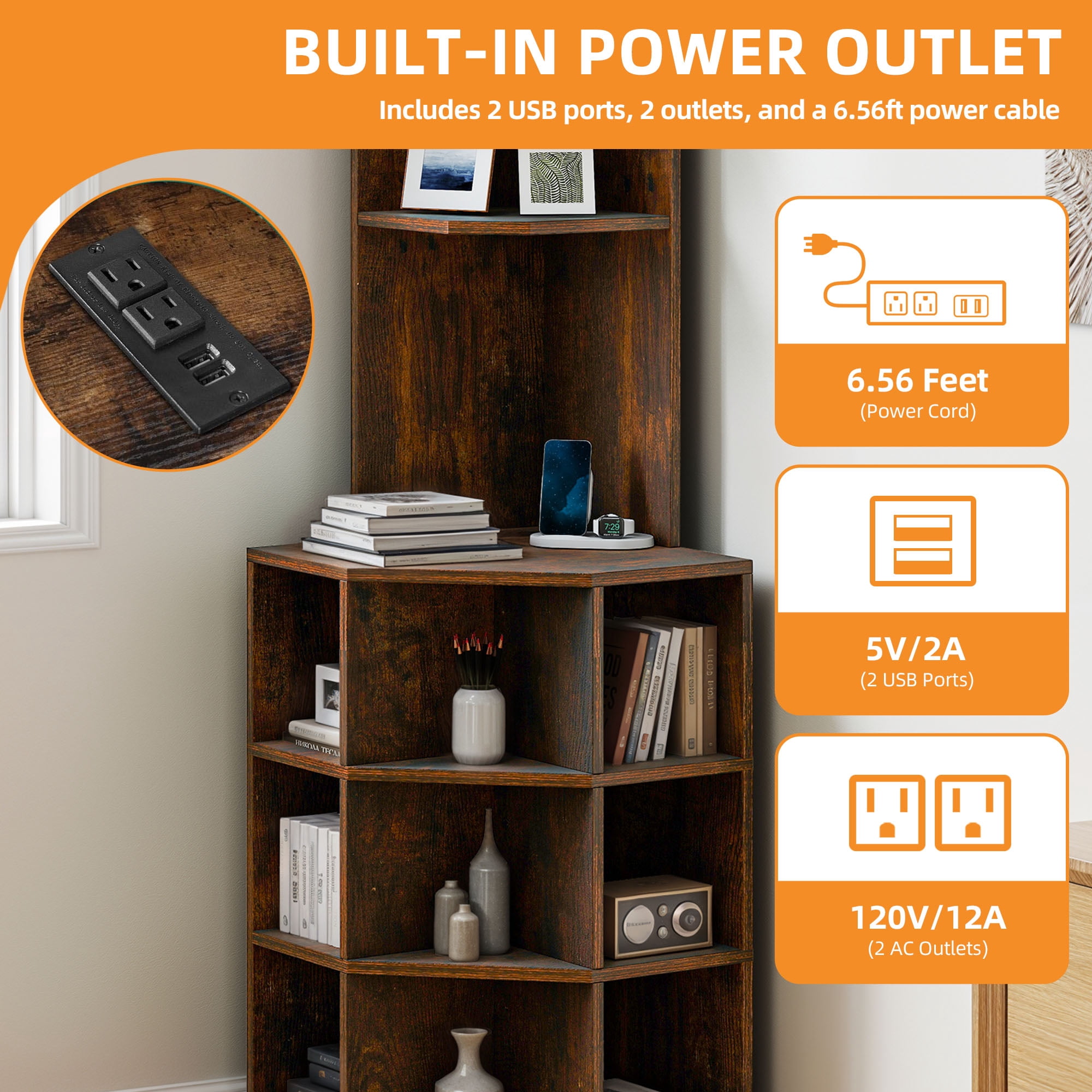 Uforic 5-Tier Corner Shelf with 9 cube,  Wooden Display Bookcases Bookshelf  with USB Ports, Brown