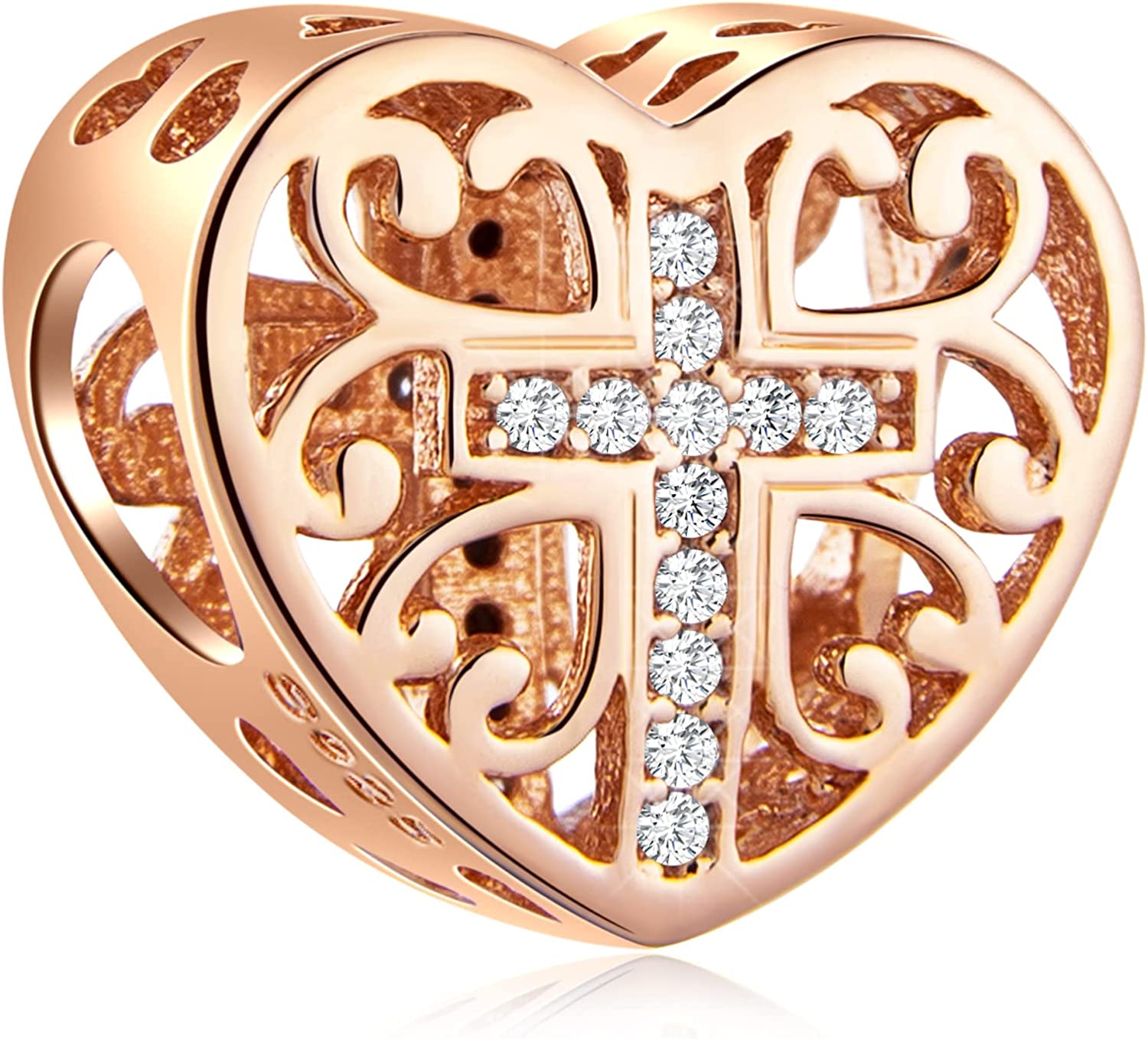 Rose Gold Faith Cross Heart Charms with Clear CZ, fits Pandora