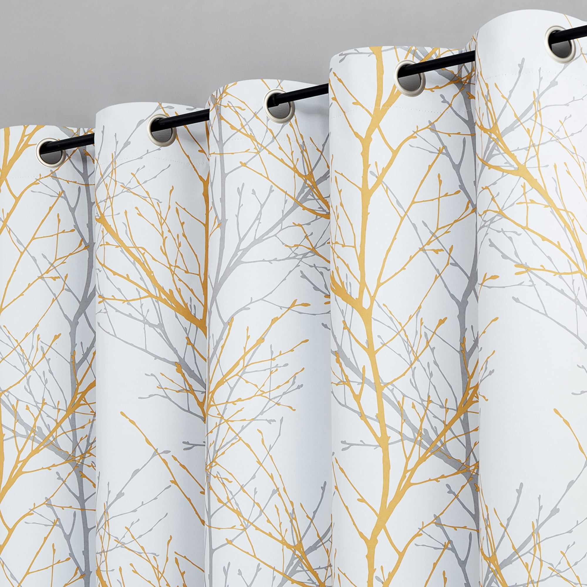 Decoultimatex Yellow Gray Branch Blackout Curtains for Bedroom Triple Weave Energy Saving Full Blackout Window Curtains for All Seasons, 52"x96"x2