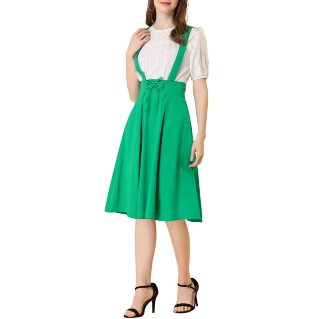 Unique Bargains Jupe Midi Plissée à Bretelles Rétro à Taille Élastique pour Femme, Vert, m