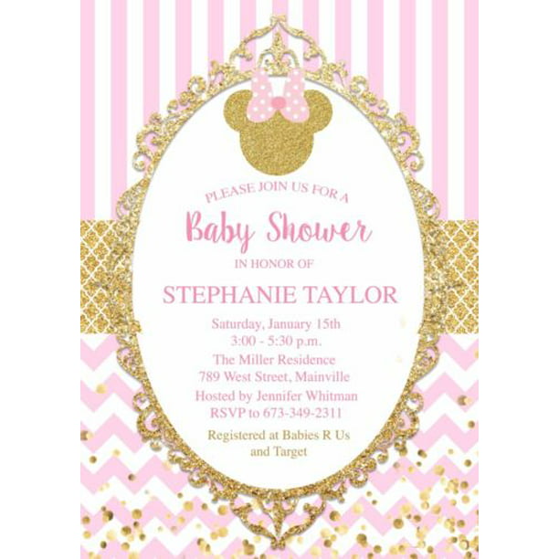 minnie mouse, princess, gold, pink, baby shower invitation