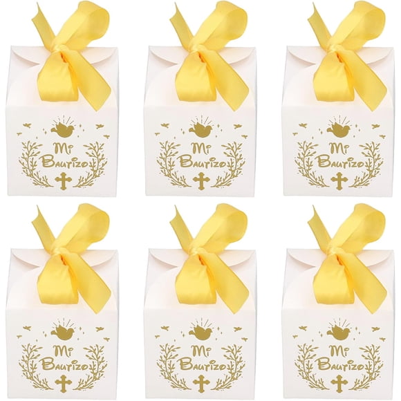ZOUSSIQI Mi Bautizo Party Favor Boxes, 50pcs Baptism Decorations Religious Gift Box First Communion Candy Boxes with Gold Ribbons for Christening Baby Shower Birthday Wedding CA919-33083