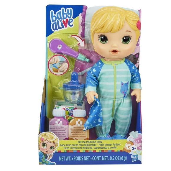 Baby Alive Mix My Medicine Baby Doll, Blonde Hair, Kitty-Cat Pajamas, Ages 3 and Up