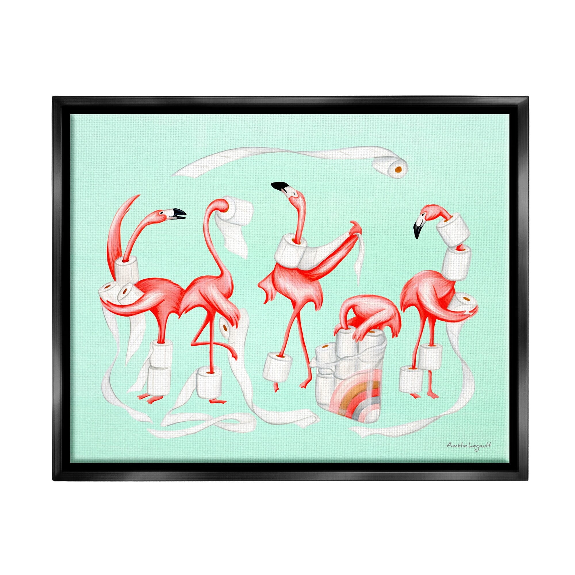 Stupell Industries Silly Flamingos Toilet Paper Rolls Bathroom Illustration Graphic Art Jet Black Floating Framed Canvas Print Wall Art, Design by Amelie Legault