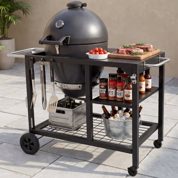Flintex 22" Kamado Charcoal Grill & Smoker, Egg-Style Grill with Cast Iron Grates, Prep Table and Storage Cart for Outdoor BBQ