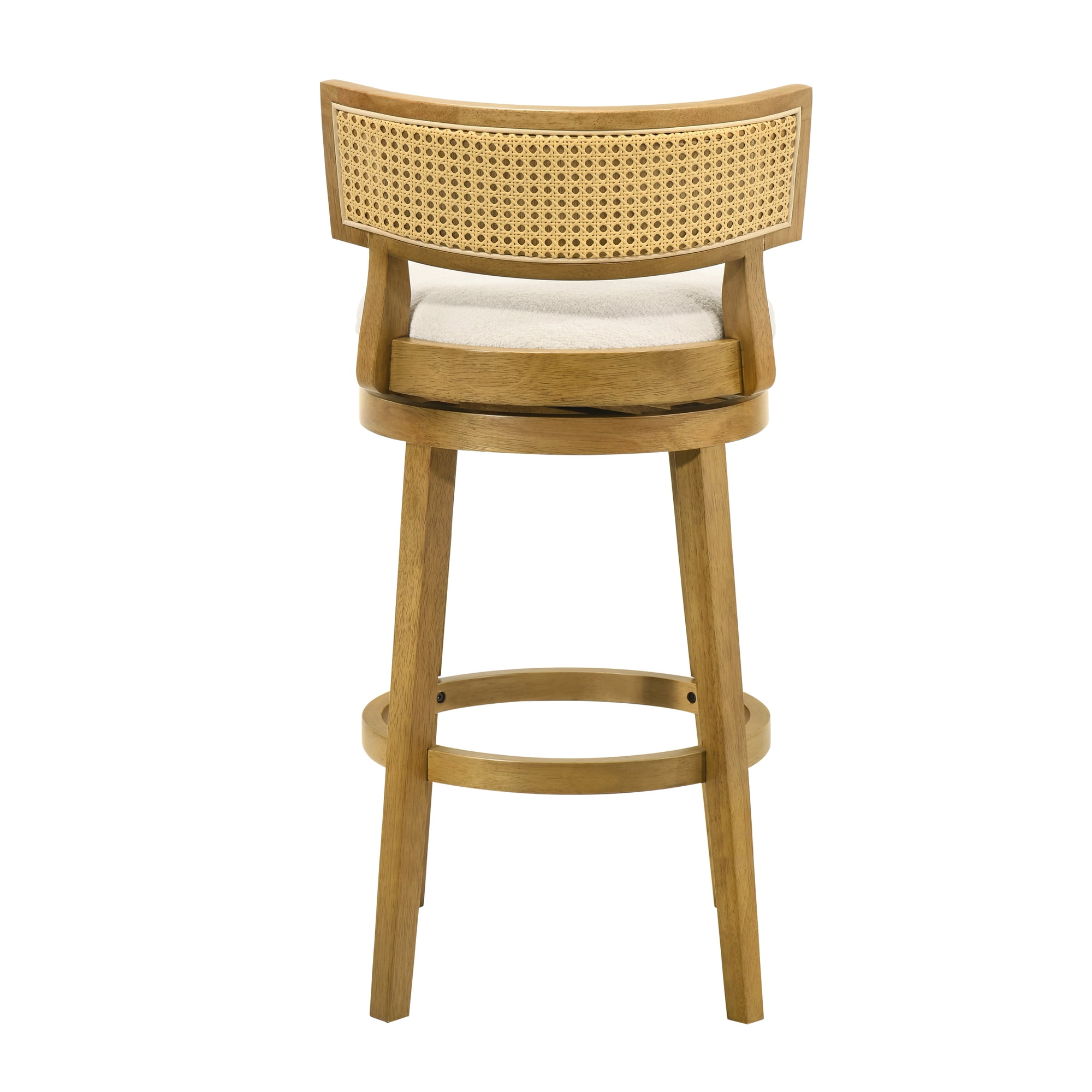 Noely Modern Farmhouse Swivel Wood Bar Height Kitchen Bar Stool in Amber Glow Finish with White Boucle Fabric Upholstered Seat - Set of 2