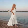 thumbnail image 6 of 2025 Trendy Built in Bra Smocked Dress Women Summer Sleeveless Tank Dress Zipper Up V Neck Loose Flowy Ruffle Tiered Maxi Dress with Pockets Beige XL, 6 of 7
