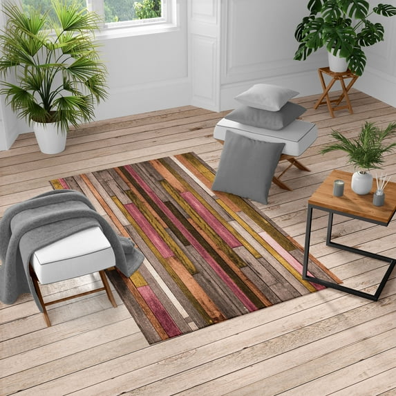 Wooden Print Turkish Area Rug, Brown Old Hardwood Floor Plank Grunge Lodge Garage Natural Rural Graphic, Soft Carpet for Living Room Decor with Distressed Look, 2.6' x 5', Almond Ecru, by Ambesonne