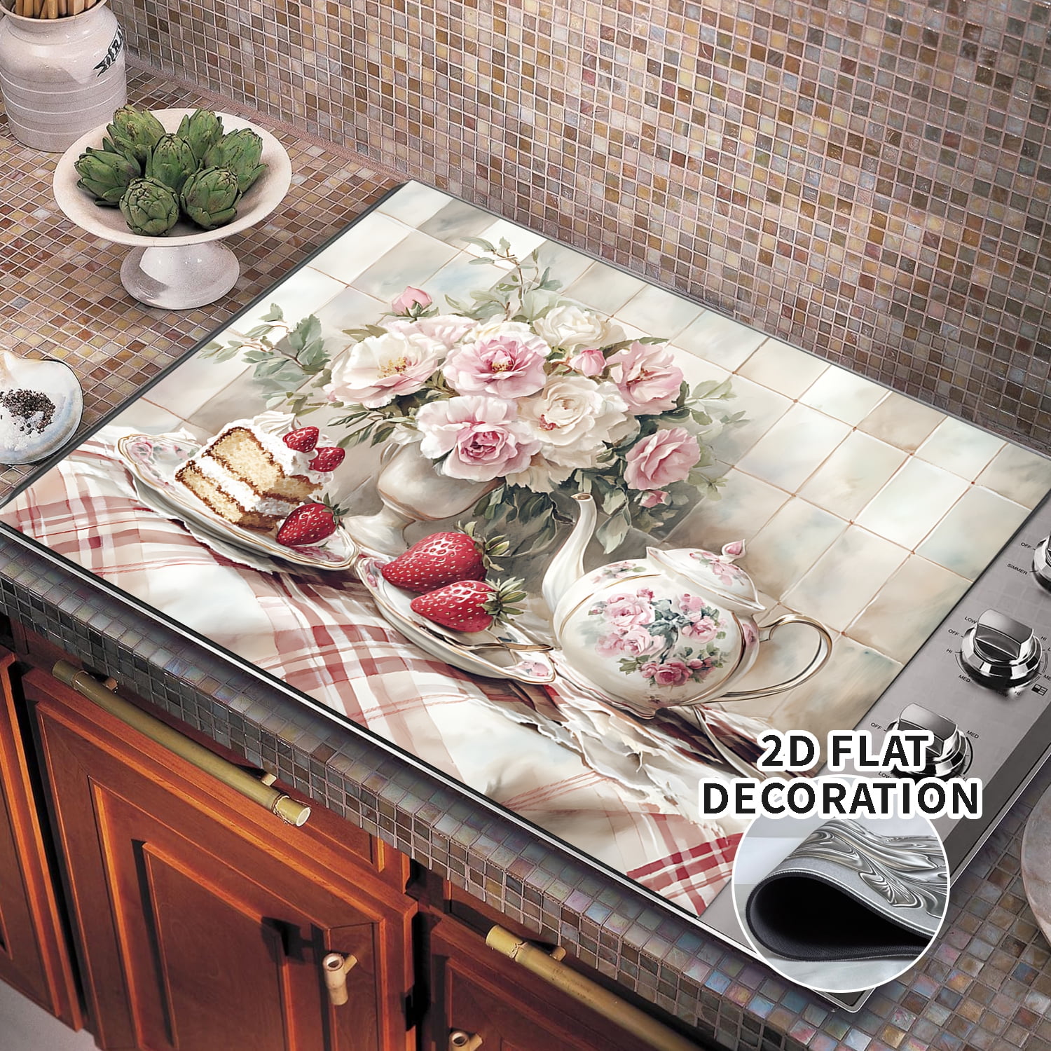 Kitchen Stove Top Cover Retro Floral & Strawberry  Design Gas Stove Top Cover for Home Decoration Kitchen Pad Non-Stick Washable Cooktop Covers Countertop Protector Keep Stove Clean Mat
