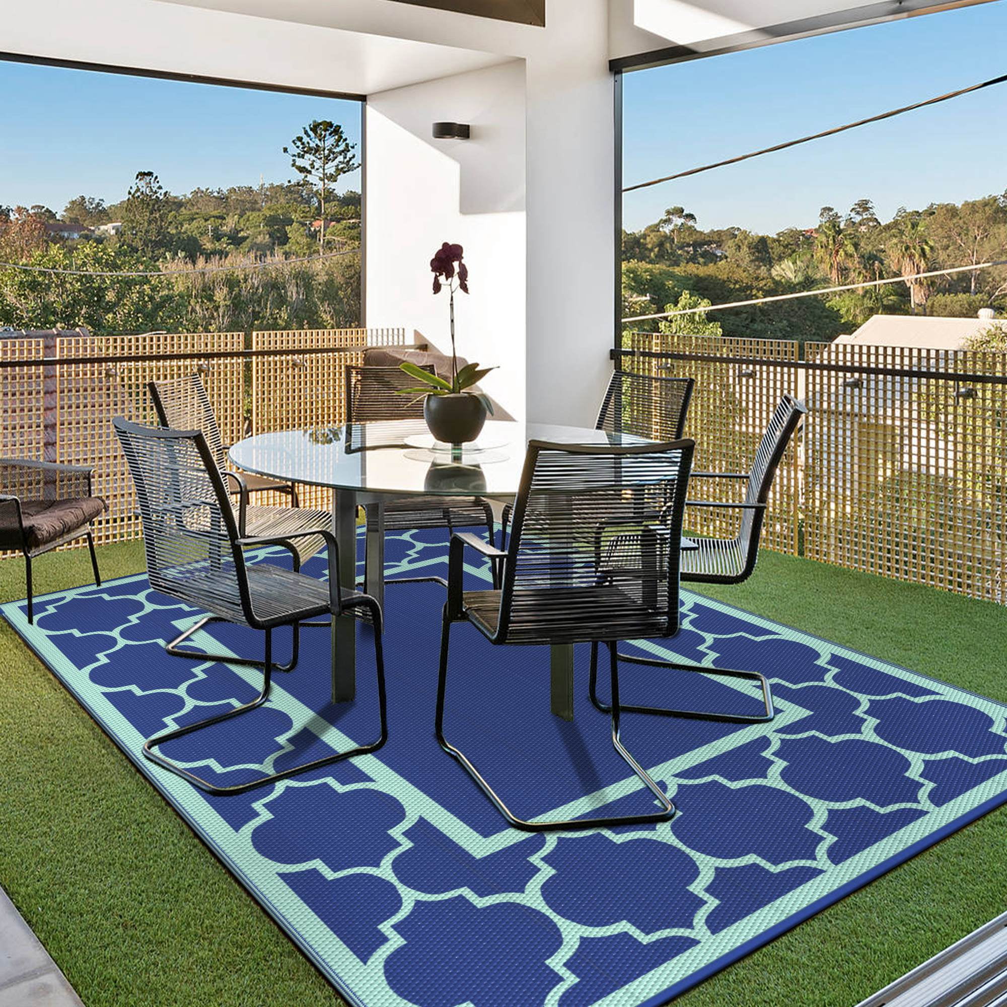 DEORAB 8'x10' Outdoor Rug Clearance Waterproof Patio Mat Reversible Plastic Camping Carpet,Royal Blue & Blue Green