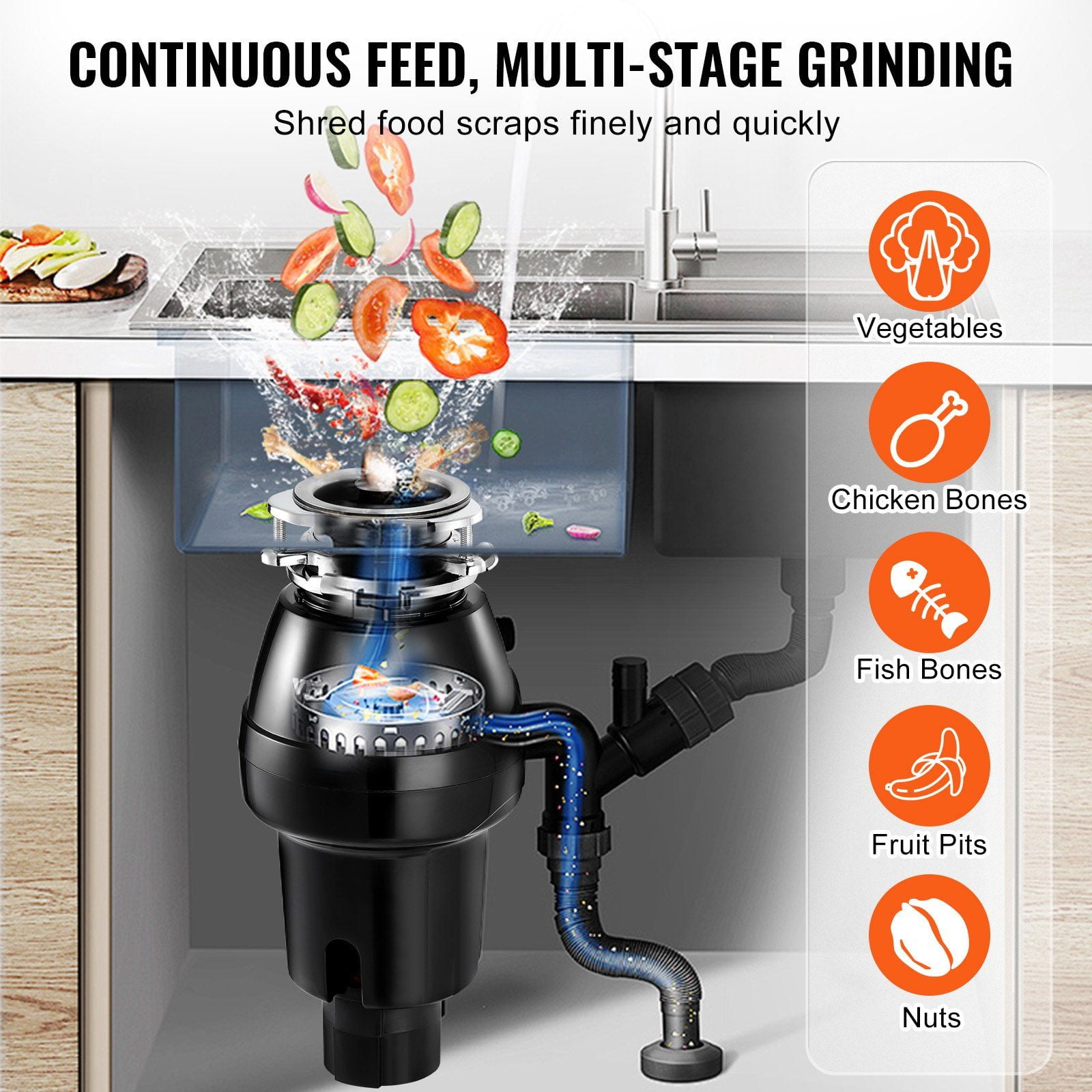 1/2 HP 3450 RPM Continuous Feed Garbage Disposal Food Waste Disposer with 3 Bolt Mount Grinding System Sound Reduction Power Cord Splash Guard for Kitchen Sink