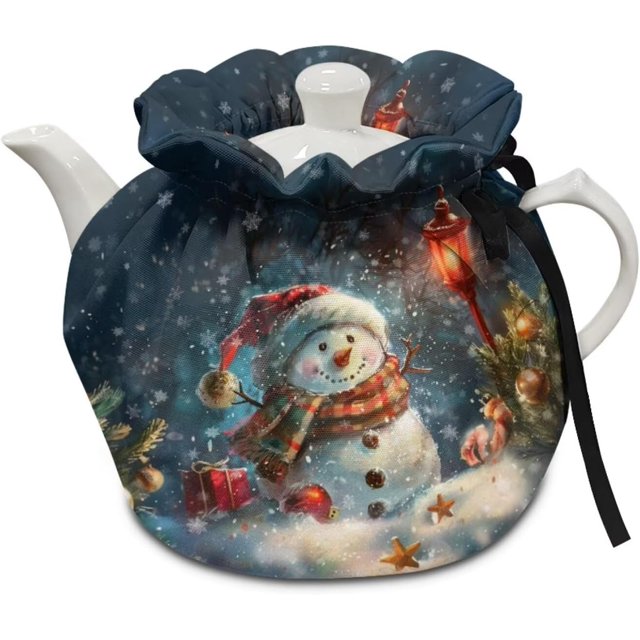 Christmas Tea Pot Cosy Cotton Snowman Breakfast Tea Pot Dust Cover with Elastic Band Durable Drawstring Kettle Covers Home Family Decorative Accessories