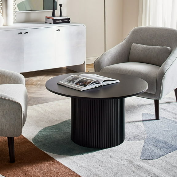 Solid Wood Farmhouse Coffee Table,Pedestal Round Coffee Table,Modern Living Room Table,Black