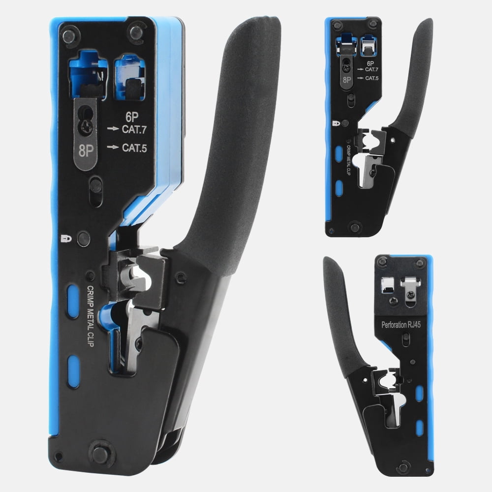 Professional RJ45 Crimp Tool with Pass-Through Technology - 8P8C Ethernet Cable Crimper, Stripper, and Cutter for Cat7, Cat6, Cat6a, Cat5e - All-in-One Network Cable Tool with Carbon Steel Body