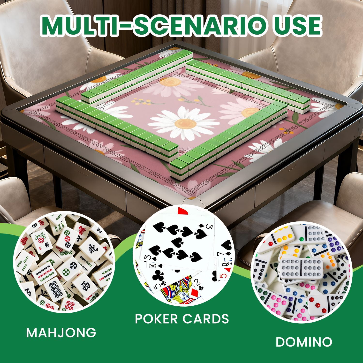 Mahjong Mat 31.5" x 31.5" Floral White Pink Daisies Mauve Non-Slip Noise Reduction American Mahjong Tiles Table Cover for Dominoes Poker Card Board Games Gift