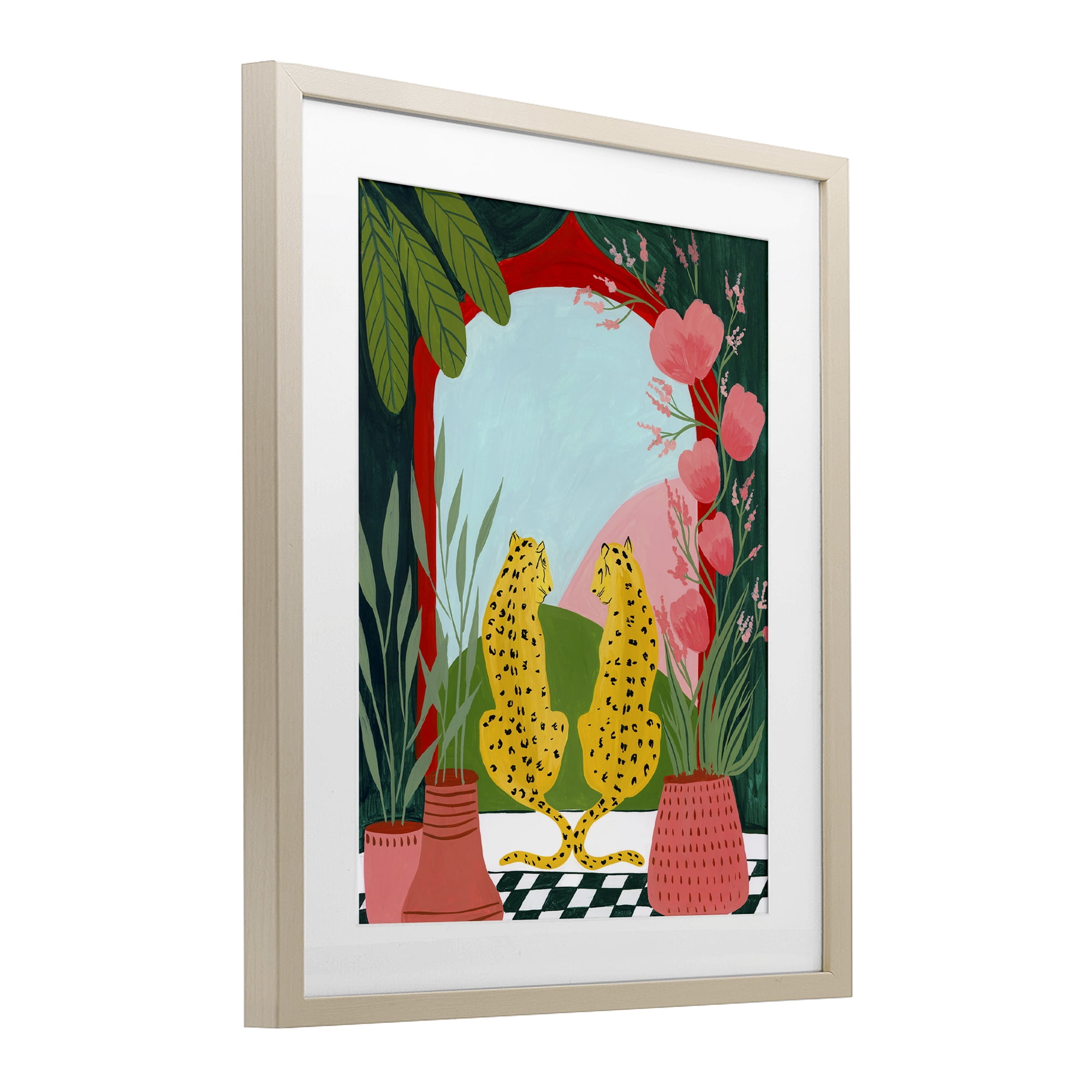 Twin Leopard & Plants Birch Framed Print Under Glass, design by Nabeela Rumi