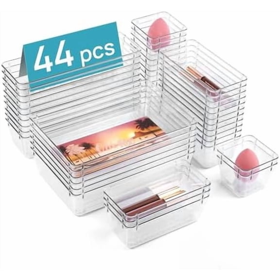 44 PCS Clear Plastic Drawer Organizers Set, 4-Size Versatile Bathroom and Vanity Organizer Trays, Non-Slip Storage Containers for Makeup, Jewelries, Bedroom，Kitchen Utensils and Office