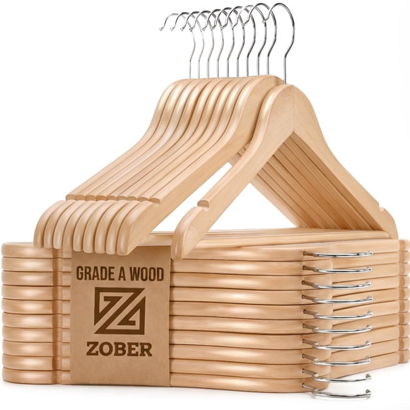 ZOBER High-Grade Wooden Hangers - Heavy Duty, Non Slip Wood Hangers for Coats, Jackets, Suits, & Pants - Clothes Hangers for Closet W/Bar and Notches