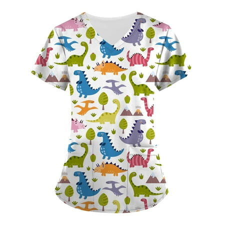 

YDKZYMD Women s Animal Print Pockets Short Sleeve Scrubs Top Workwear V Neck Uniform Scrub Tops A-Blue L