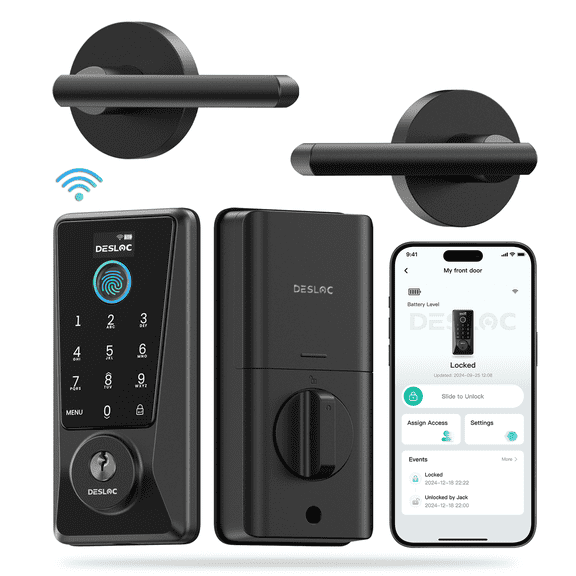 DESLOC D110Plus Black Fingerprint Door Lock Set with Lever Handles, Keypad, Remote Access Smart Lock