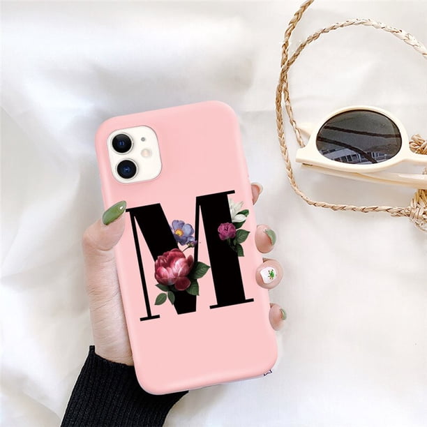 Funda de teléfono de silicona con letra inicial de Ottwn para iPhone 11 Pro 12 Pro Max X XR XS Max 7 8 Plus, funda trasera de TPU suave con flor rosa Retro Tan Jianjun unisex