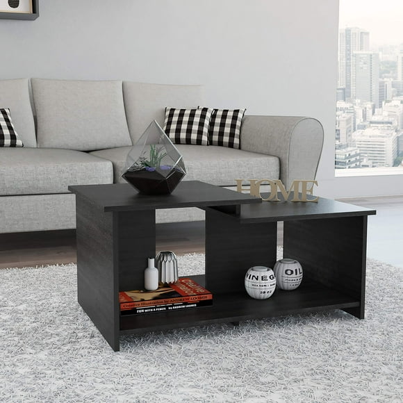 Tuhome Wema Collection Table Basse, Table de Cocktail avec Deux Surfaces de Niveau Plus Étagères de Stockage Ouvertes pour les Décorations Hautes, Design Moderne, Finition Expresso et Montage Facile.