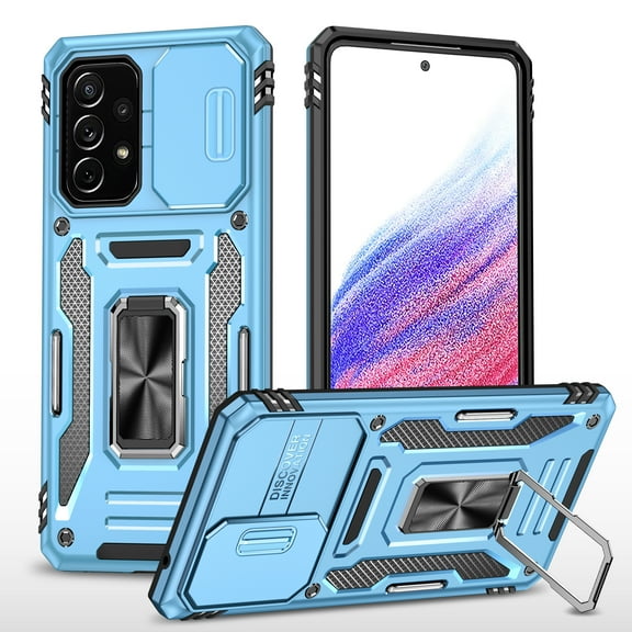 Rugged Case for Samsung Galaxy A32 5G, Sliding Lens Camera Cover Protection Ring Stand Compatible with Magnetic Car Mount Military Grade Shockproof Hybrid Case for Samsung Galaxy A32 5G, Lightblue