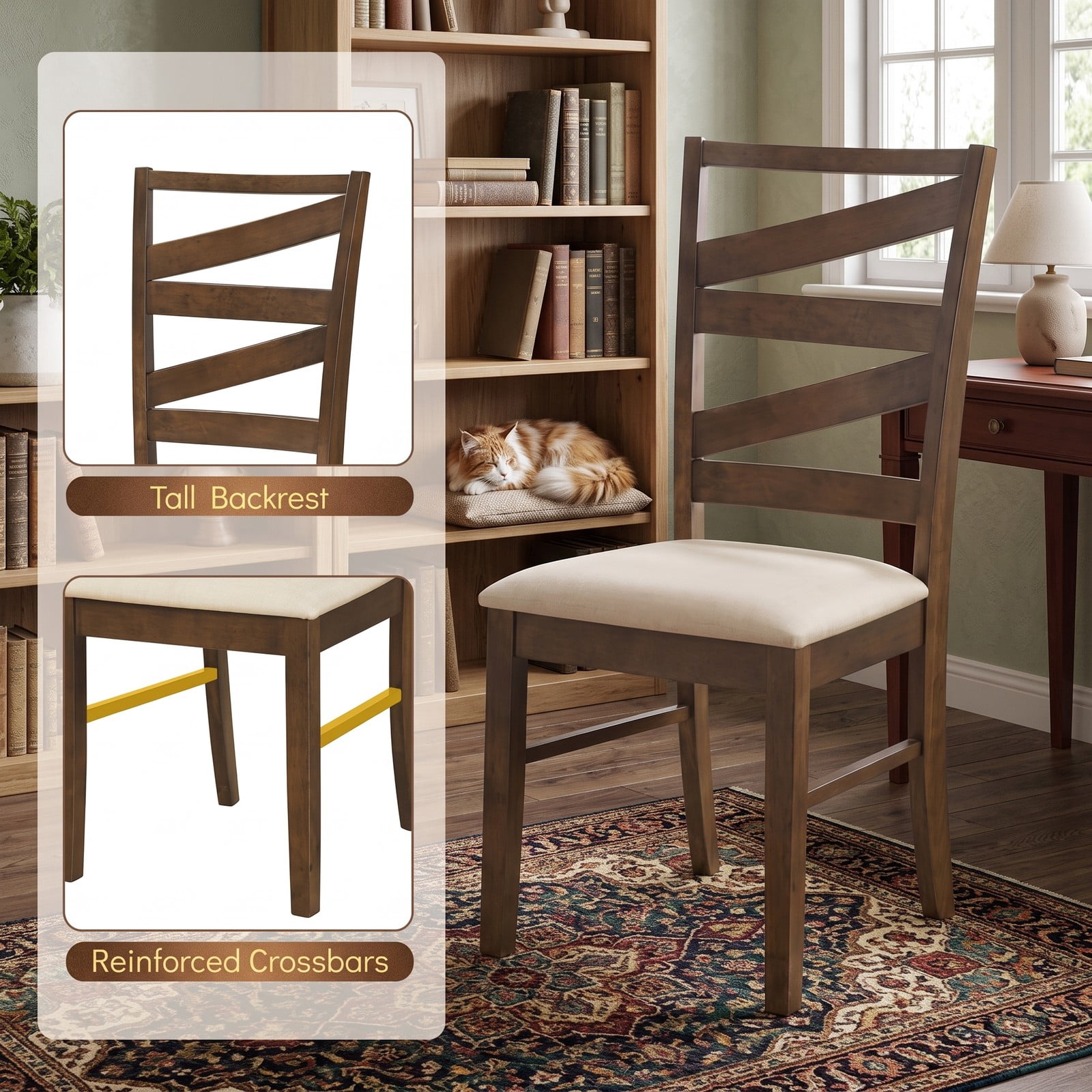 Furnibear Dining Chairs Set of 2, Upholstered Linen Fabric Farmhouse Kitchen Chairs with Tall Backrests and Rubber Wood Frames, 330 lbs Capacity Side Chairs for, Brown
