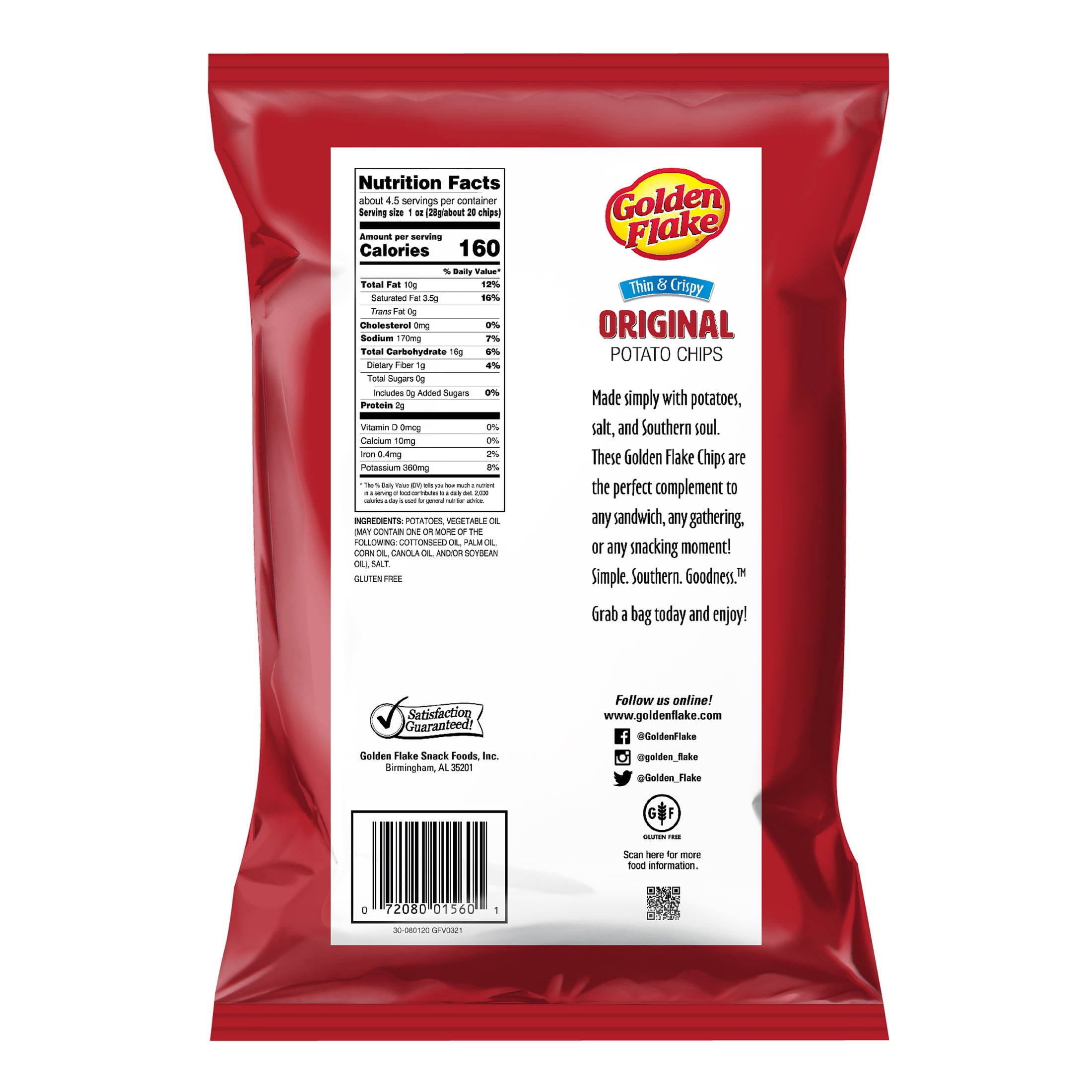 Golden Flake Original Thin & Crispy Potato Chips, Gluten-Free, 4.625 oz Bag