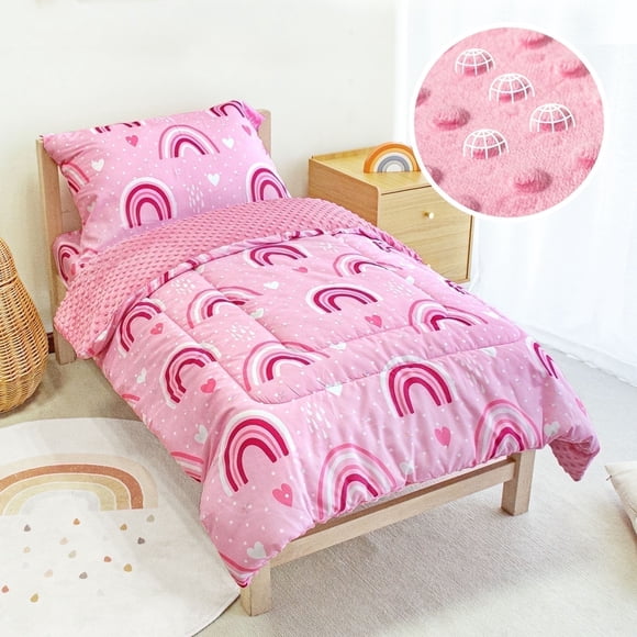 Beavtaens Juego de Cama para Niños Pequeños de 4 Piezas, Juego de Sábanas para Bebé Transpirable y Suave, Incluye Edredón Acolchado, Sábana Plana, Sábana Ajustable y Funda de Almohada para Niñas