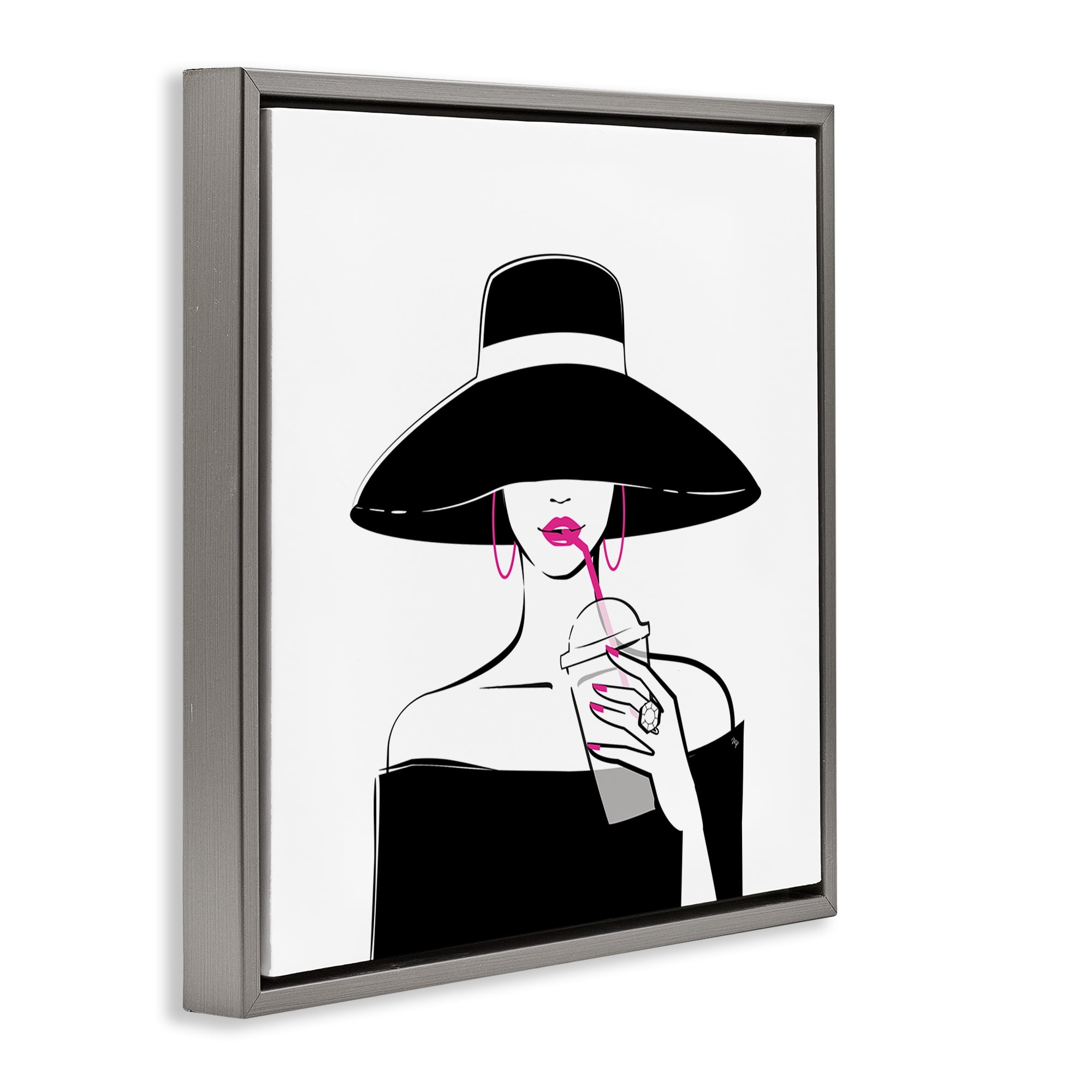 Stupell Industries Chic Black Hat Sipping Coffee Gray Framed Floater Canvas Wall Art, design by Martina Pavlova