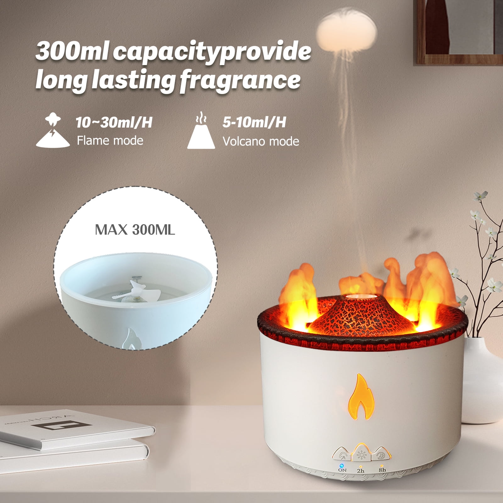 YALEDI Volcano Flame Diffuser, Aromatherapy Essential Oil Diffuser, 360ml  Cool Mist Ultrasonic Humidifier for Bedroom,Office,Home,Yoga, Timer & Auto