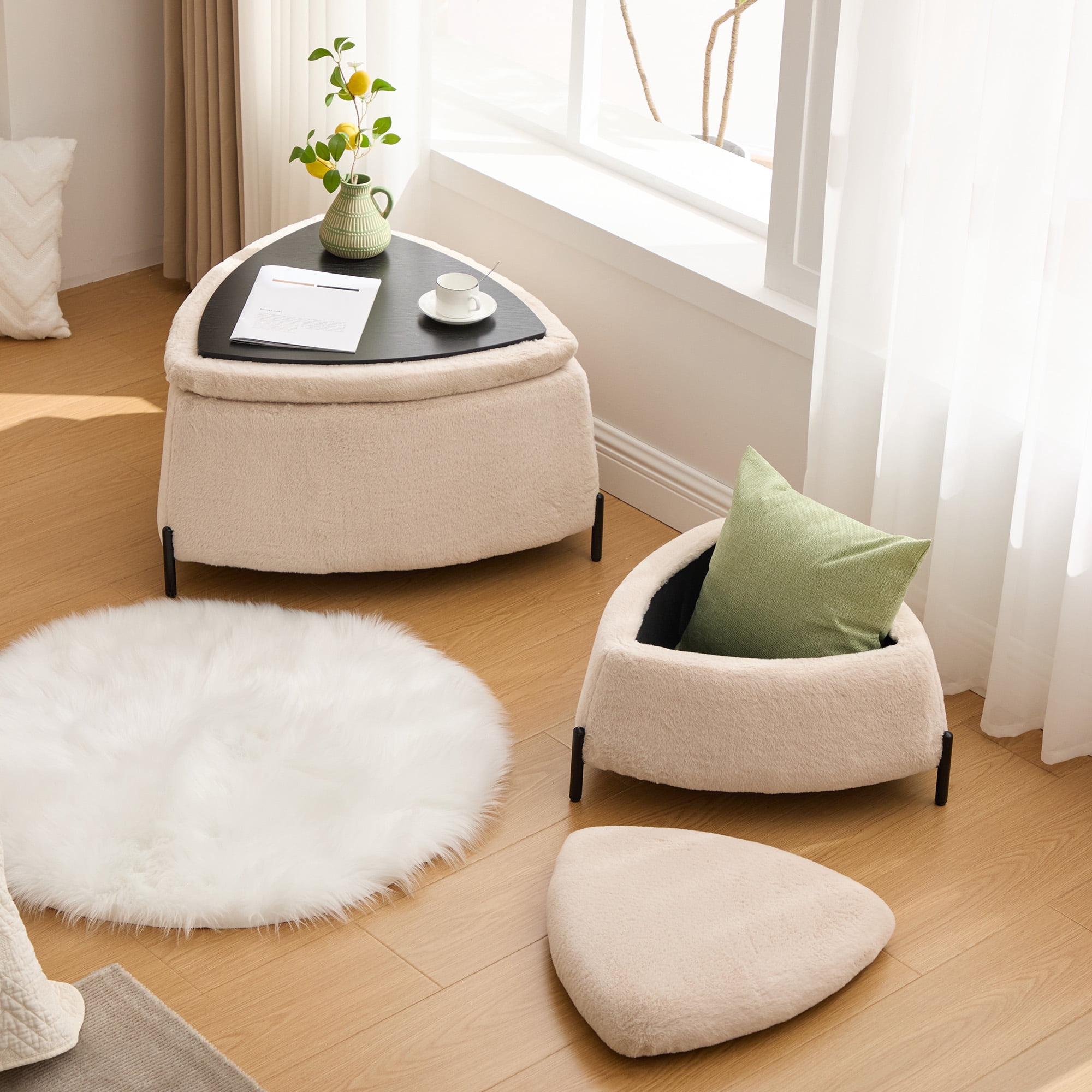 Ottoman Set, Light Camel Faux Fur 2-Piece Set with Large Ottoman Featuring Reversible Wooden Tray Lid and Small Hidden Ottoman, for Footrest, Coffee Table, Seating
