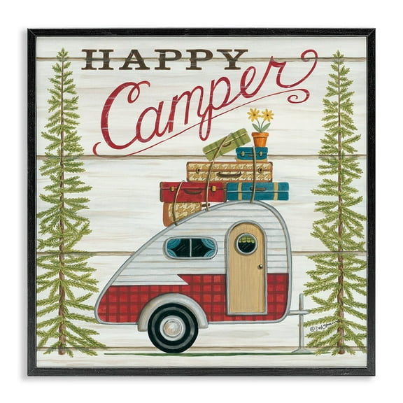 Stupell Industries Rustic Happy Camper Quote Forest Camping Trailer Framed Wall Art Design by Deb Strain, 12" x 12", Black Framed
