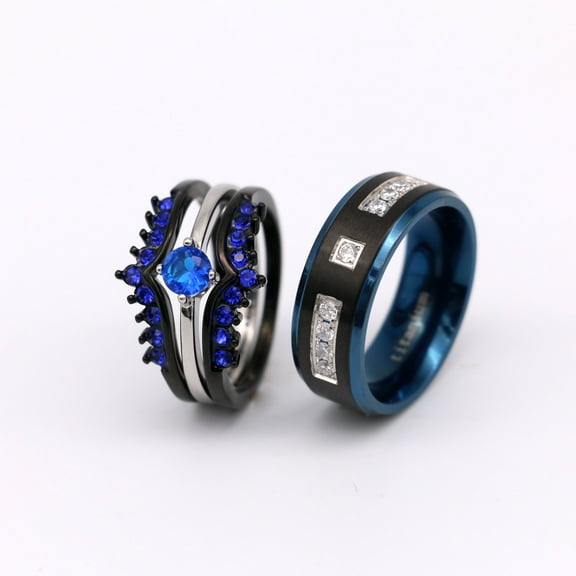 Couple Rings Matching Rings Black Gold Plated 1CT Blue AAA CZ Women Wedding Ring Sets for Him and Her Rings Men Wedding Band