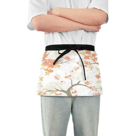 

Cute Rabbits on Orange Flowers Adult short apron with 3 separate pockets 100% polyester material suitable for restaurant bistro waitresses 25.2×11.8in