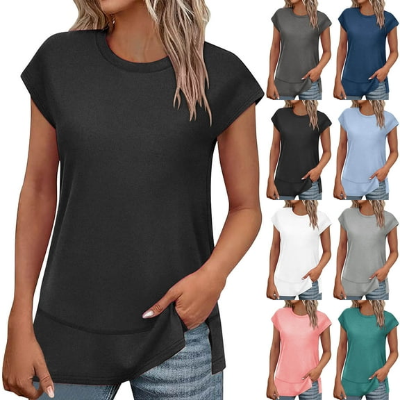 Fanxing Women's Cap Sleeve Summer Tops Round Neck Solid Color T-Shirts with Side Slit Light Blue,XXL