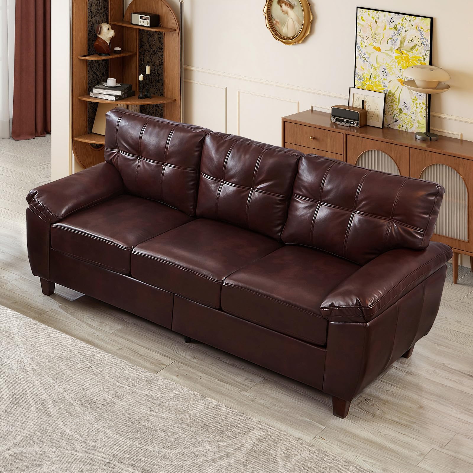 Aukfa 2-Piece PU Leather Sofa Set, Vintage 3-Seater Couch and Loveseat with Storage Space, Upholstered Living Room Furniture Set, Burgundy