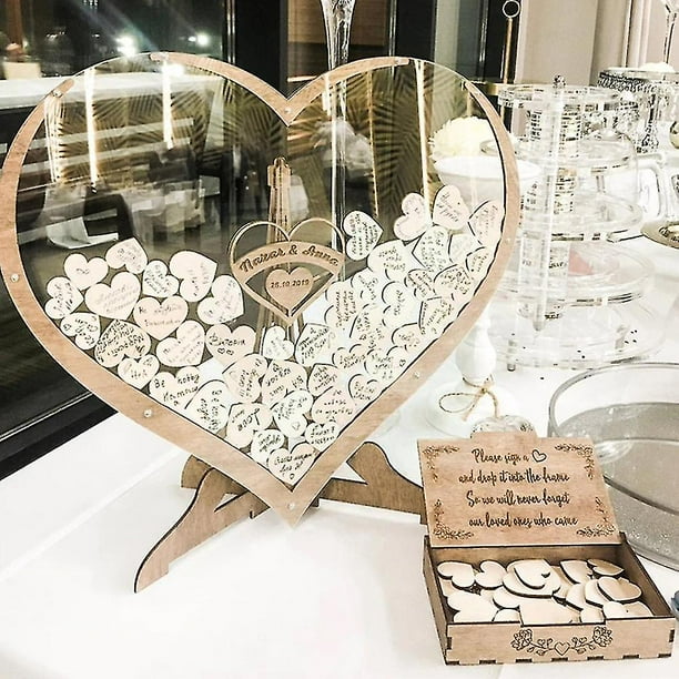 Adornos de libro de visitas de boda en forma de corazón de madera, gota transparente, caja conmemorativa antigua 3d, firma