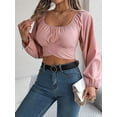 thumbnail image 5 of Women'S Ruched Wrap Square Neck Flounce Long Sleeve Self Tie Crop Top Blouse Pink XL, 5 of 8