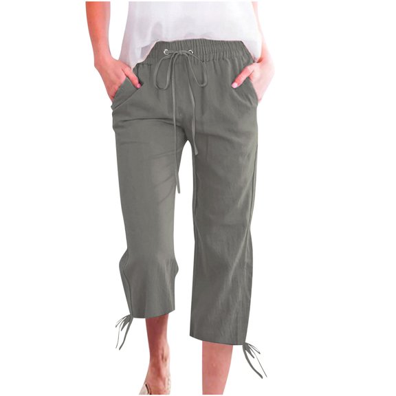 YABCSAZ Linen Pants women Summer Casual Loose Fit Long Pants with Pockets, Plus Size Soft Elastic High Waisted Drawstring Capri Pants for Women