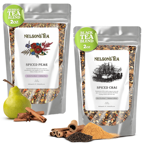 Nelson's Tea Bundle - Spiced Chai (2oz) & Spiced Pear (2oz) - Black Tea with Cinnamon, Clove, Peppercorns, Orange Peel   Green Rooibos with Hibiscus, Chamomile, Dried Pear, Cinnamon, Star Anise.