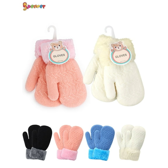 Spencer 2 Pairs Winter Mittens Gloves for Baby Kids, Unisex Cute Warm Fleece Lined Thermal Knit Gloves with String (Pink & White)