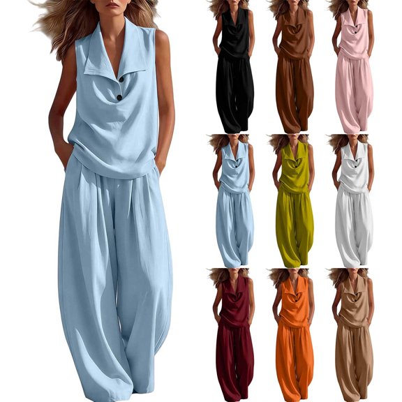 Xunmmm Womens 2 Piece Set Summer Loose Fit Lapel Sleeveless Button Shirt with Wide Leg Pant Casual Lounge Set for Women Solid Color Two Piece Set for Women Casual Vacation Wear