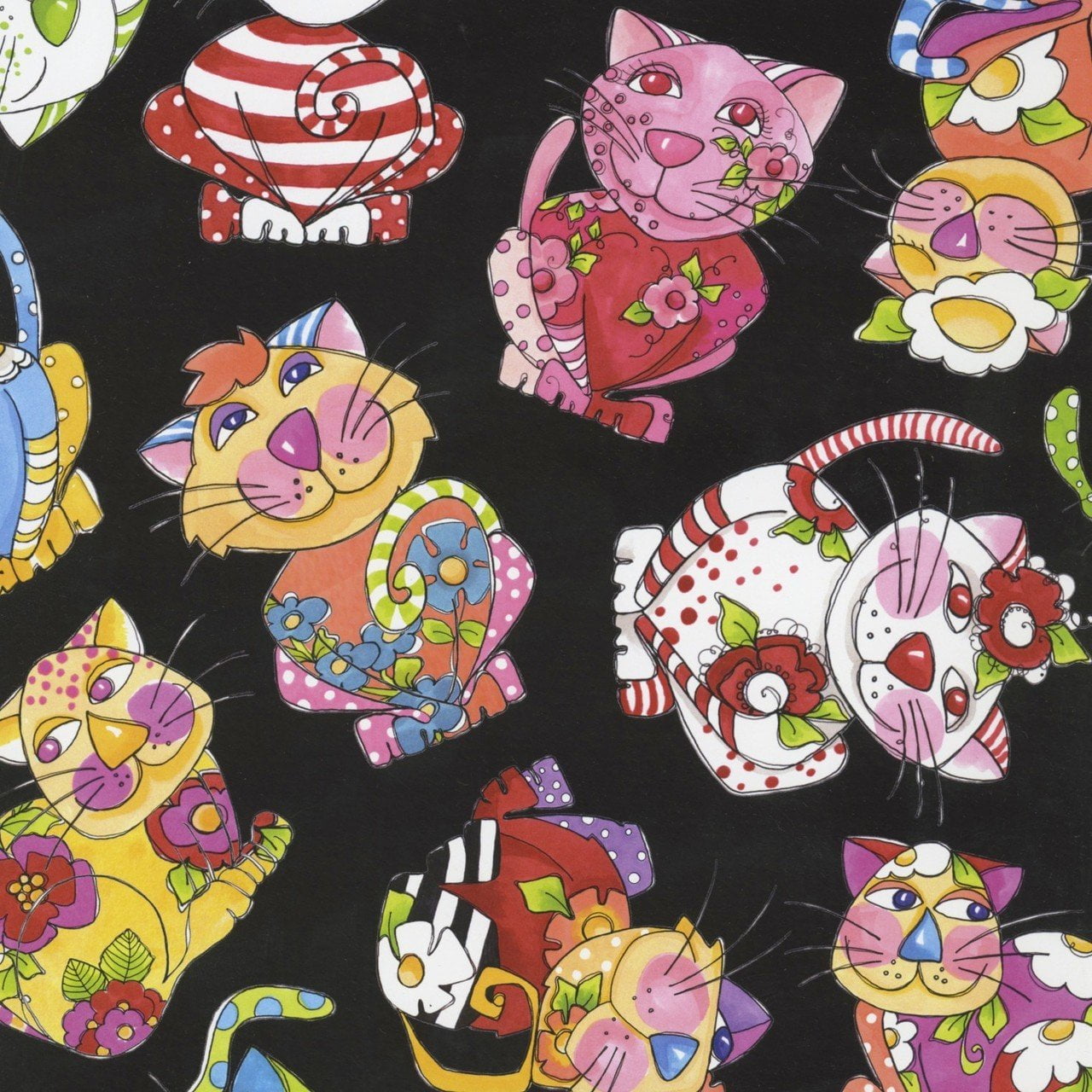 Calico Cats Tossed Cats on Black Cotton Fabric by Loralie Designs