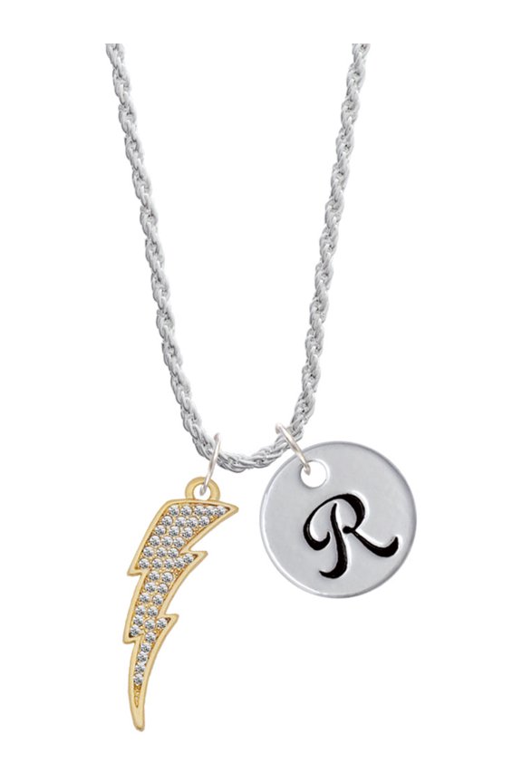 Goldtone Large Clear Crystal Lightning Bolt Silvertone Script Initial Disc - R - Charm Necklace, 20"+3"