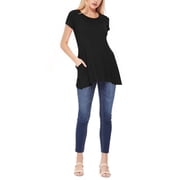 Women's A-Line Short Sleeve Relaxed Fit Round Neck Solid Tunic Top with Pockets