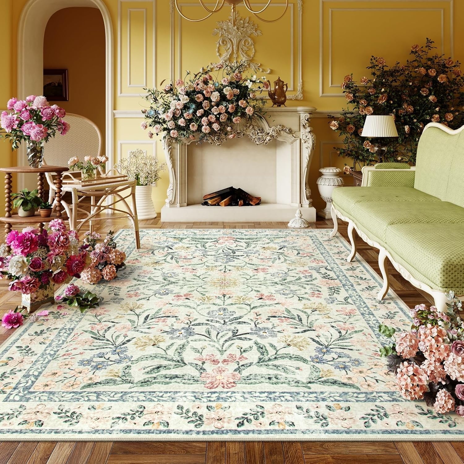 Moynesa 5'x7' Washable Rugs for Living Room, Boho Light Beige Floral Rugs for Bedroom Girls Non Slip, Soft Low-Pile Nursery Carpet Rug for Dining Room Indoor,Beige