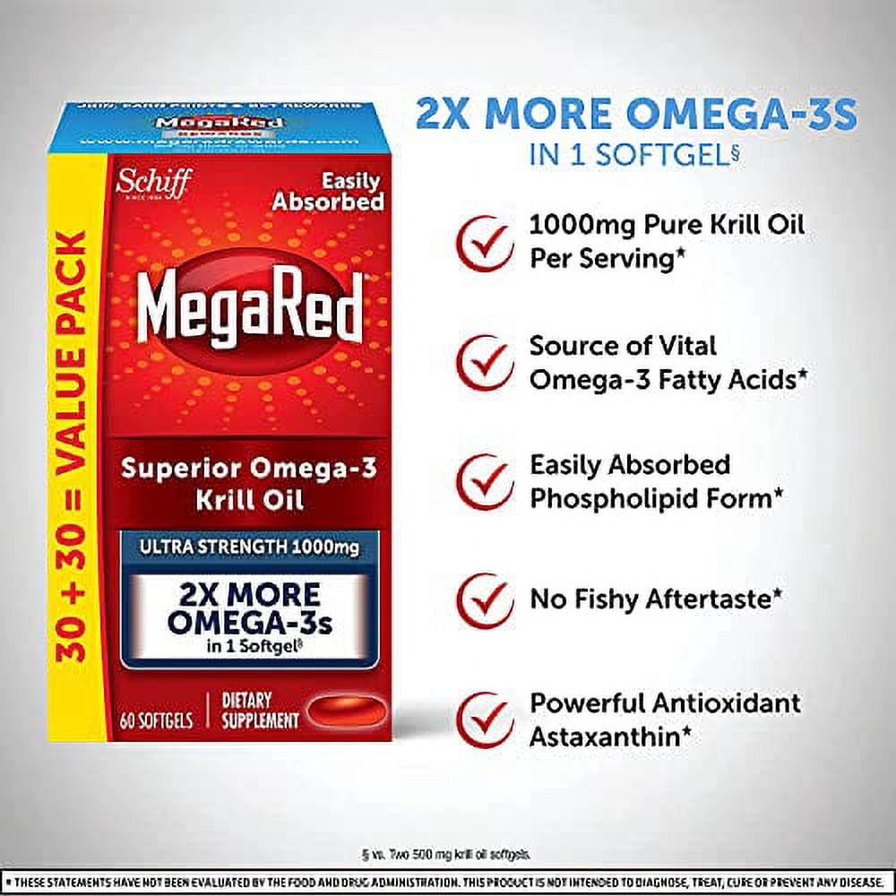 MegaRed Omega-3 Krill Oil Supplement 1000mg - Ultra Strength Softgels (60 Count in A Box), Has No Fishy Aftertaste, Has EPA and DHA, Antioxidant, Astaxanthin- 2 Pack